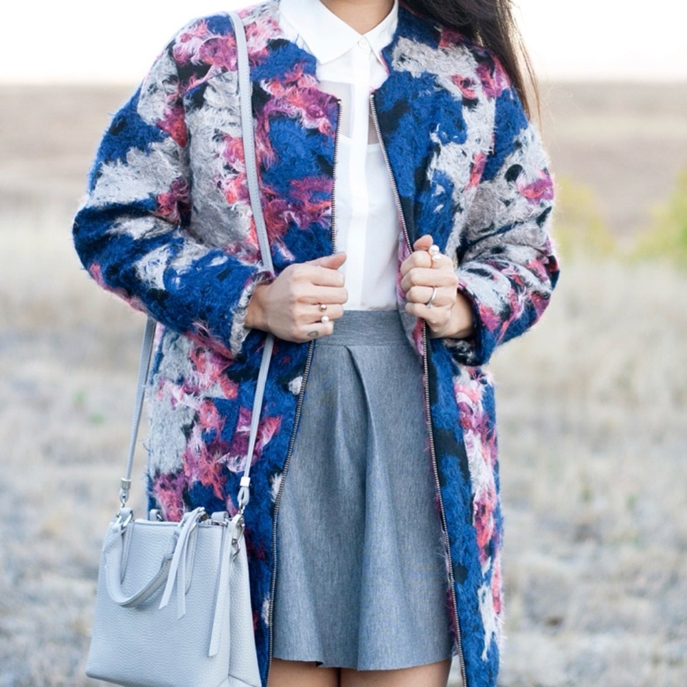 Kersh Blue Floral Wool Exterior Jacket with Pink and Cream Accents